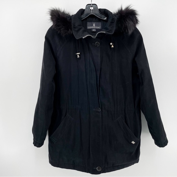 London Fog Women’s Coat Black Full Zip Fox Fur Trim Hood Petite M - Picture 1 of 9